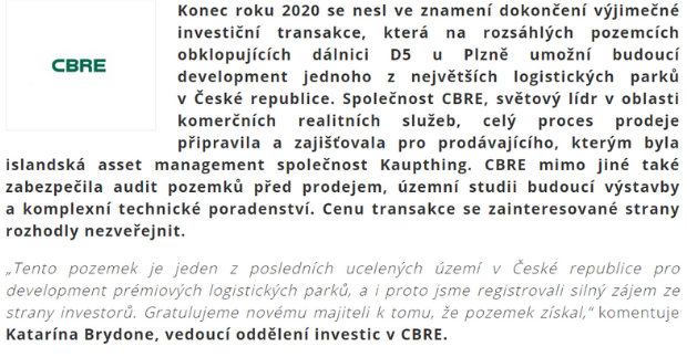 CBRE zprostředkovala prodej rozsáhlých pozemků poblíž Plzně s možností rozvoje jednoho z největších logistických parků v ČR